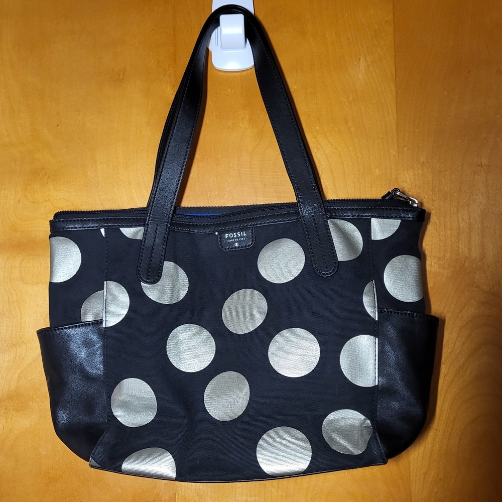 FOSSIL Black And Silver Polka Dot Canvas And Leather Bag